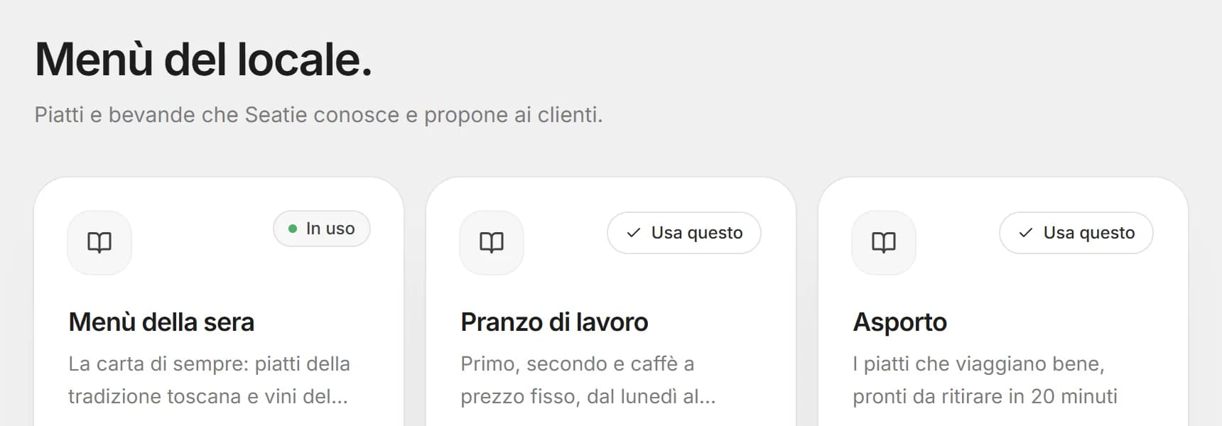Elenco dei menù del ristorante in Seatie
